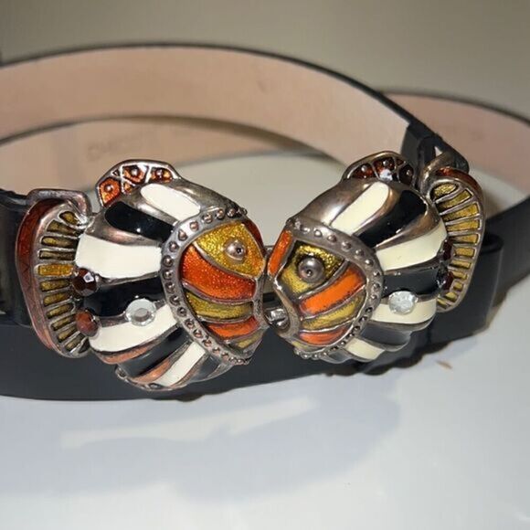 Chico’s Adjustable Leather Enameled Fish Leather Belt Size S/M - Picture 3 of 11